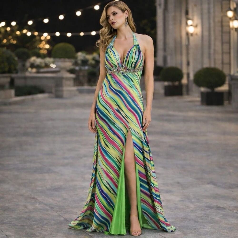 Mac Duggal Couture Size 0 Maxi Dress Open Back Slit Satin Multicolor Striped